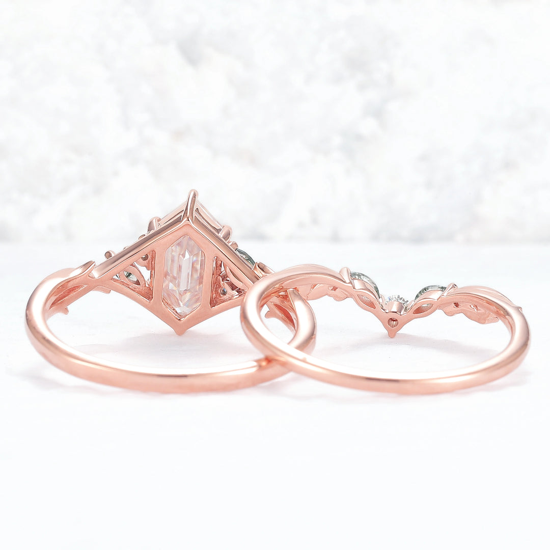 Unique Hexagon Cut Moissanite Vine Gemstone Ring Set 2pcs