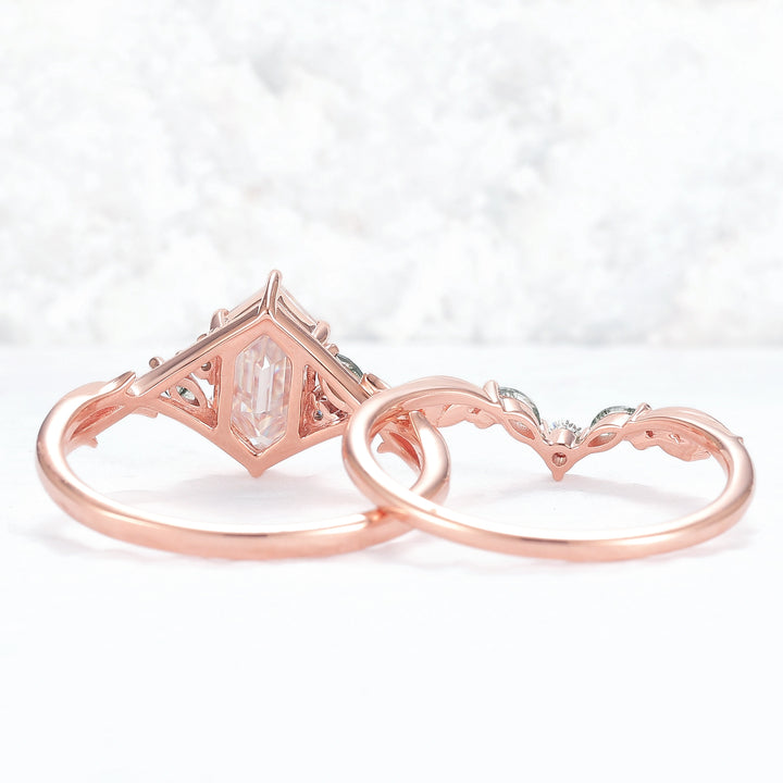 Unique Hexagon Cut Moissanite Vine Gemstone Ring Set 2pcs