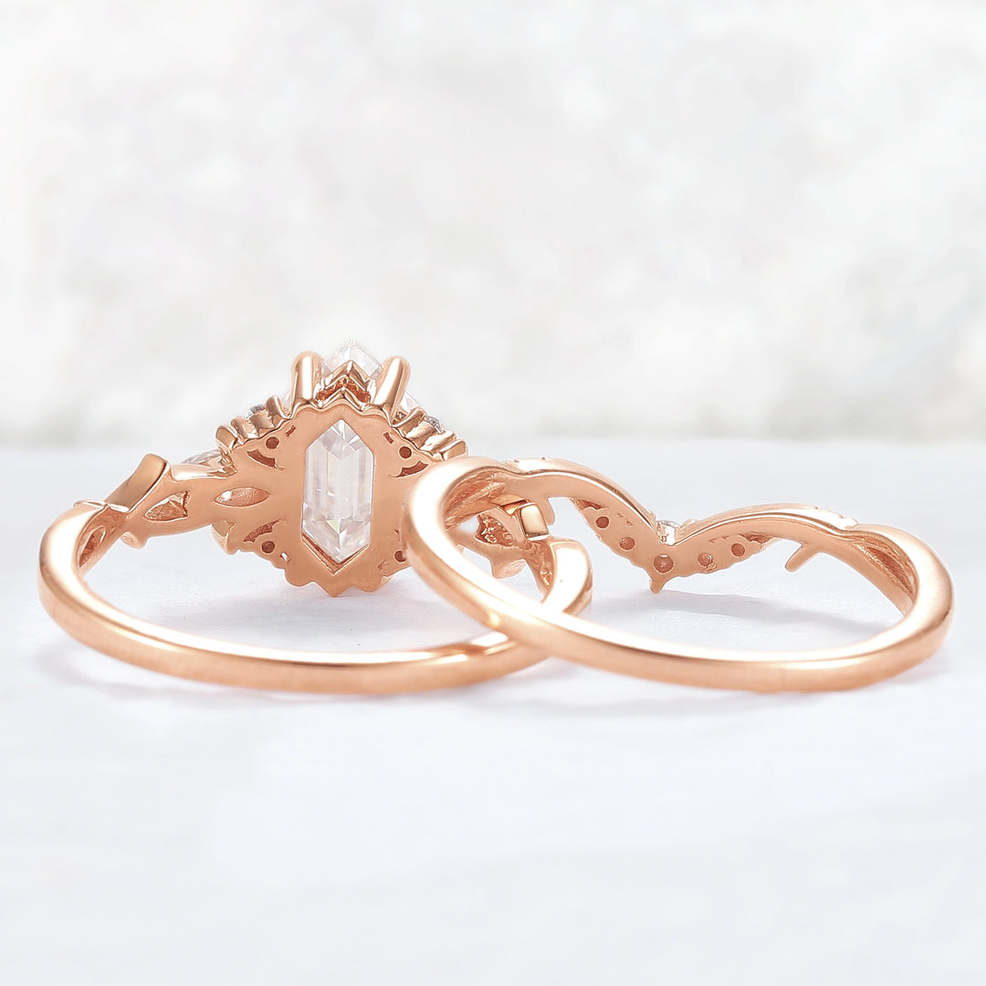 Unique Hexagon Cut Moissanite Vine Gemstone Ring Set 2pcs