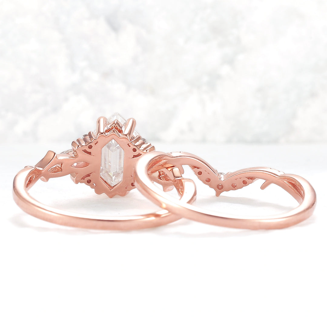 Unique Hexagon Cut Moissanite Vine Gemstone Ring Set 2pcs