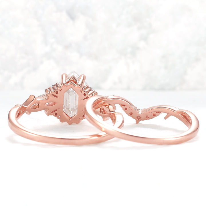 Unique Hexagon Cut Moissanite Vine Gemstone Ring Set 2pcs