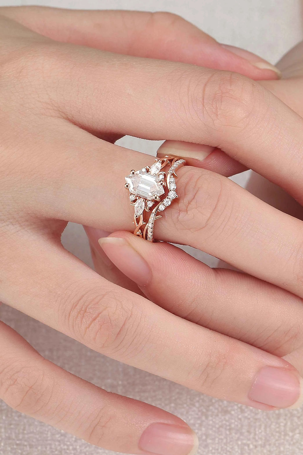 Unique Hexagon Cut Moissanite Vine Gemstone Ring Set 2pcs