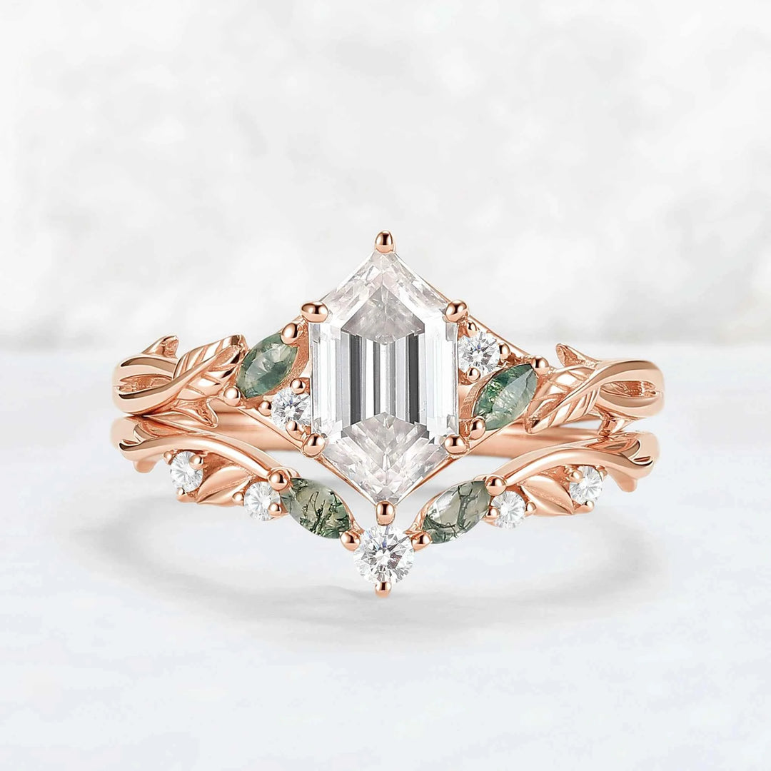 Unique Hexagon Cut Moss Agate Vine Leaf Gemstone Ring Set 2pcs