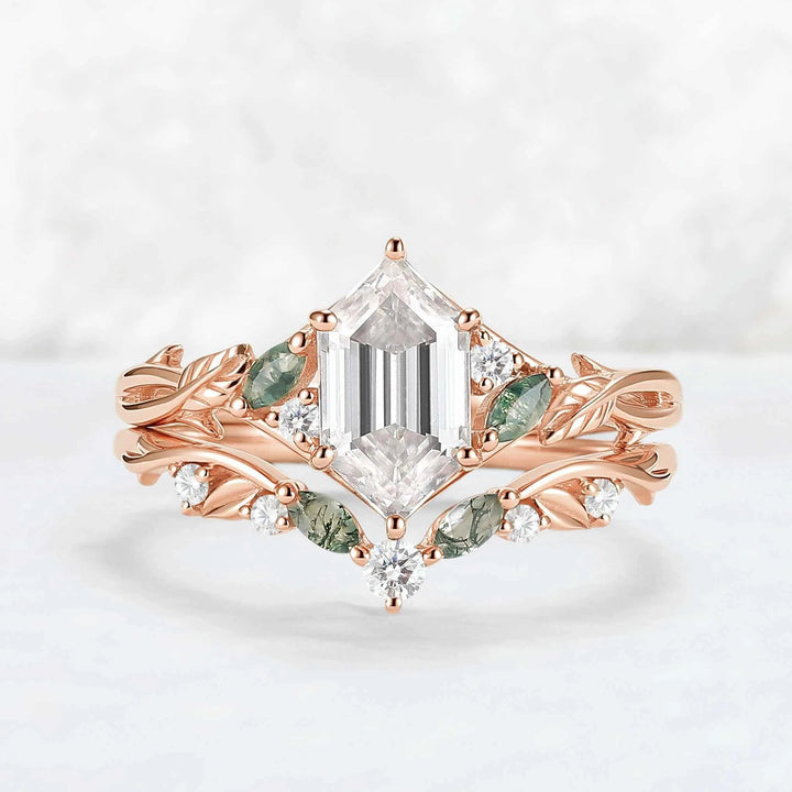 Unique Hexagon Cut Moss Agate Vine Leaf Gemstone Ring Set 2pcs