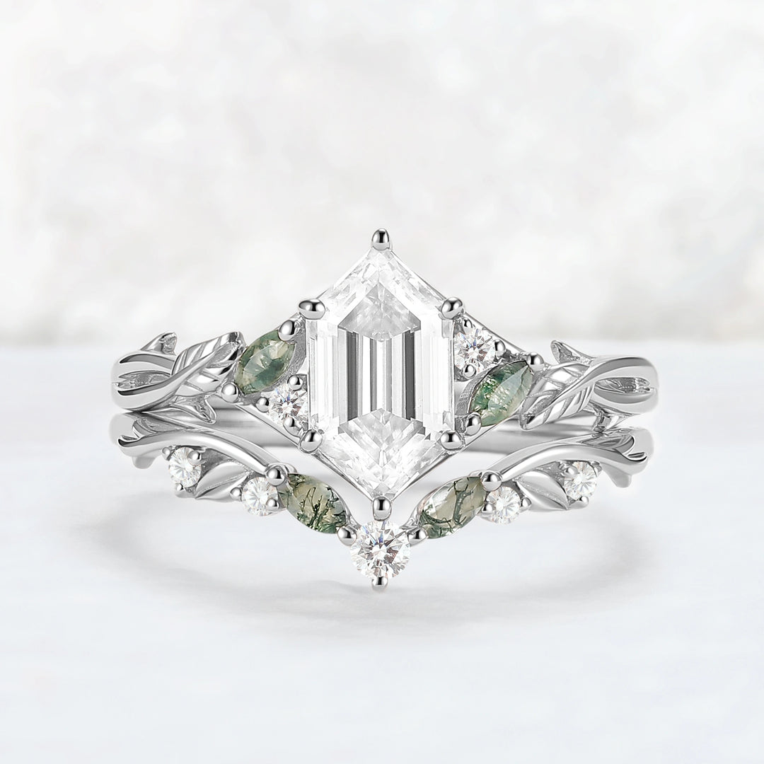 Unique Hexagon Cut Moissanite Vine Leaf Gemstone Ring Set 2pcs