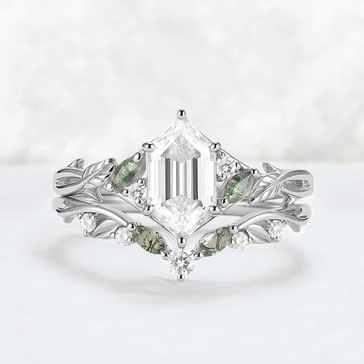 Unique Hexagon Cut Moissanite Vine Leaf Gemstone Ring Set 2pcs