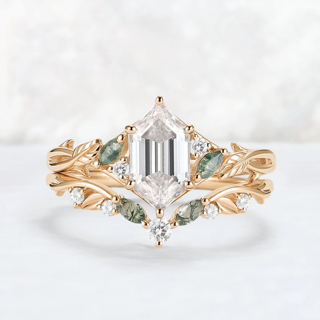 Unique Hexagon Cut Moissanite Vine Leaf Gemstone Ring Set 2pcs