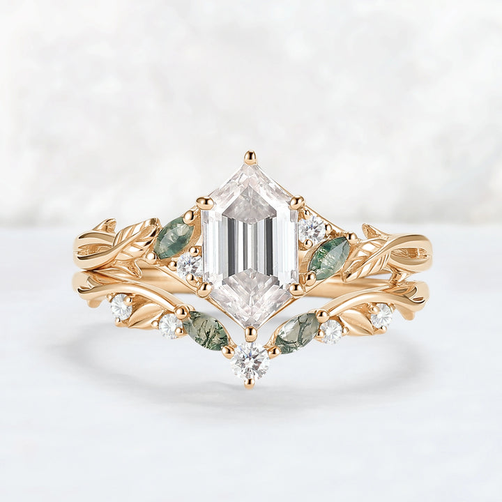 Unique Hexagon Cut Moissanite Vine Leaf Gemstone Ring Set 2pcs