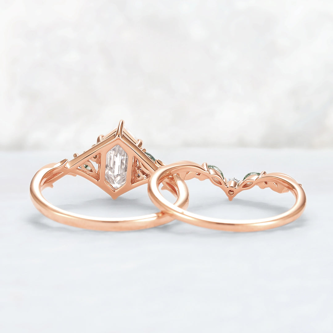 Unique Hexagon Cut Moissanite Vine Leaf Gemstone Ring Set 2pcs