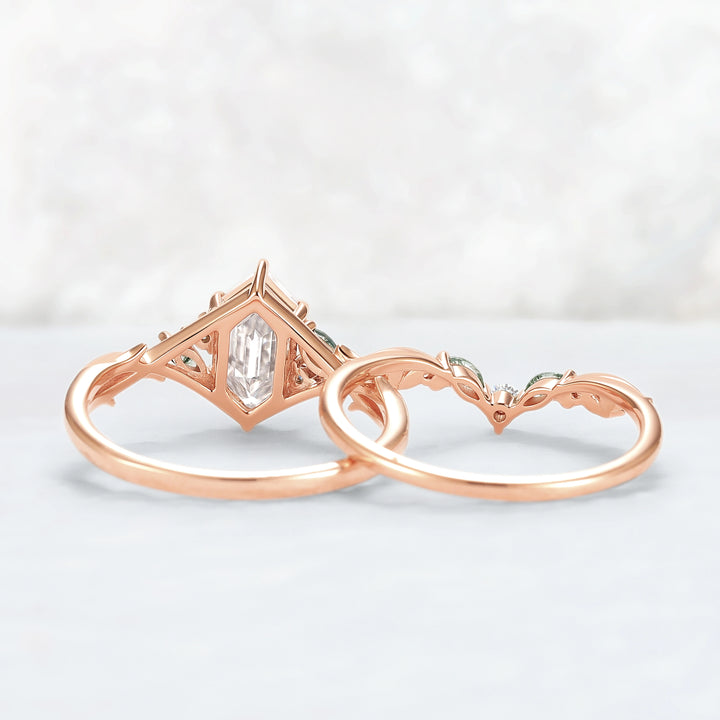 Unique Hexagon Cut Moissanite Vine Leaf Gemstone Ring Set 2pcs