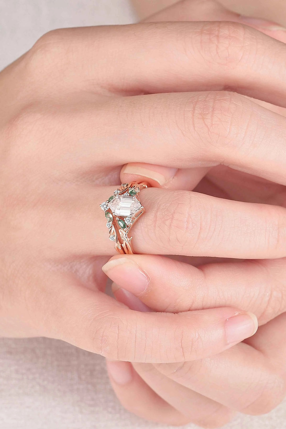 Unique Hexagon Cut Moss Agate Vine Leaf Gemstone Ring Set 2pcs