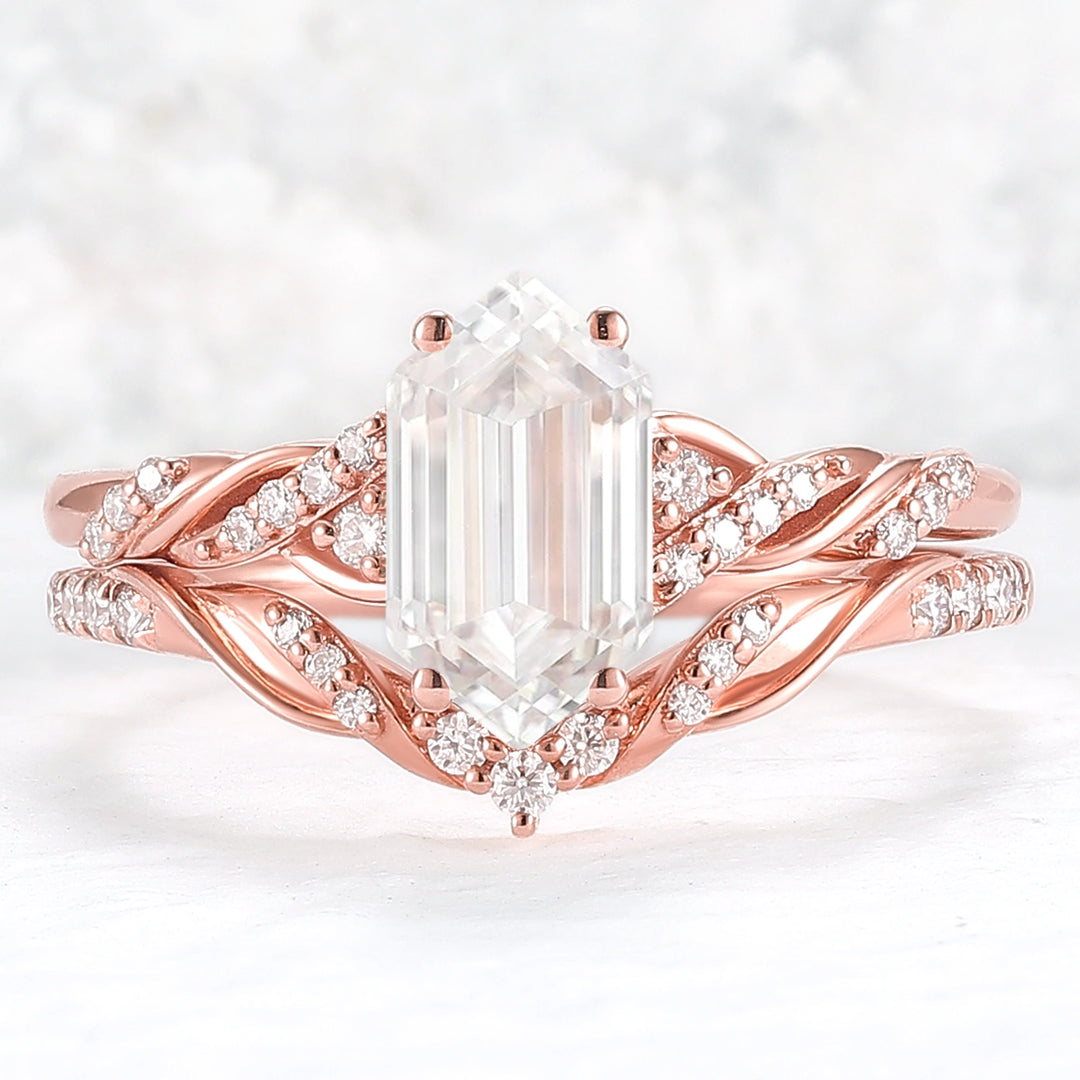 Unique Hexagon Cut Moissanite Vine Ring Set 2pcs