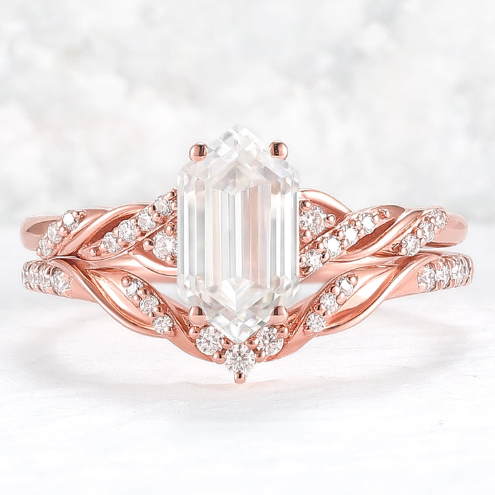 Unique Hexagon Cut Moissanite Vine Ring Set 2pcs