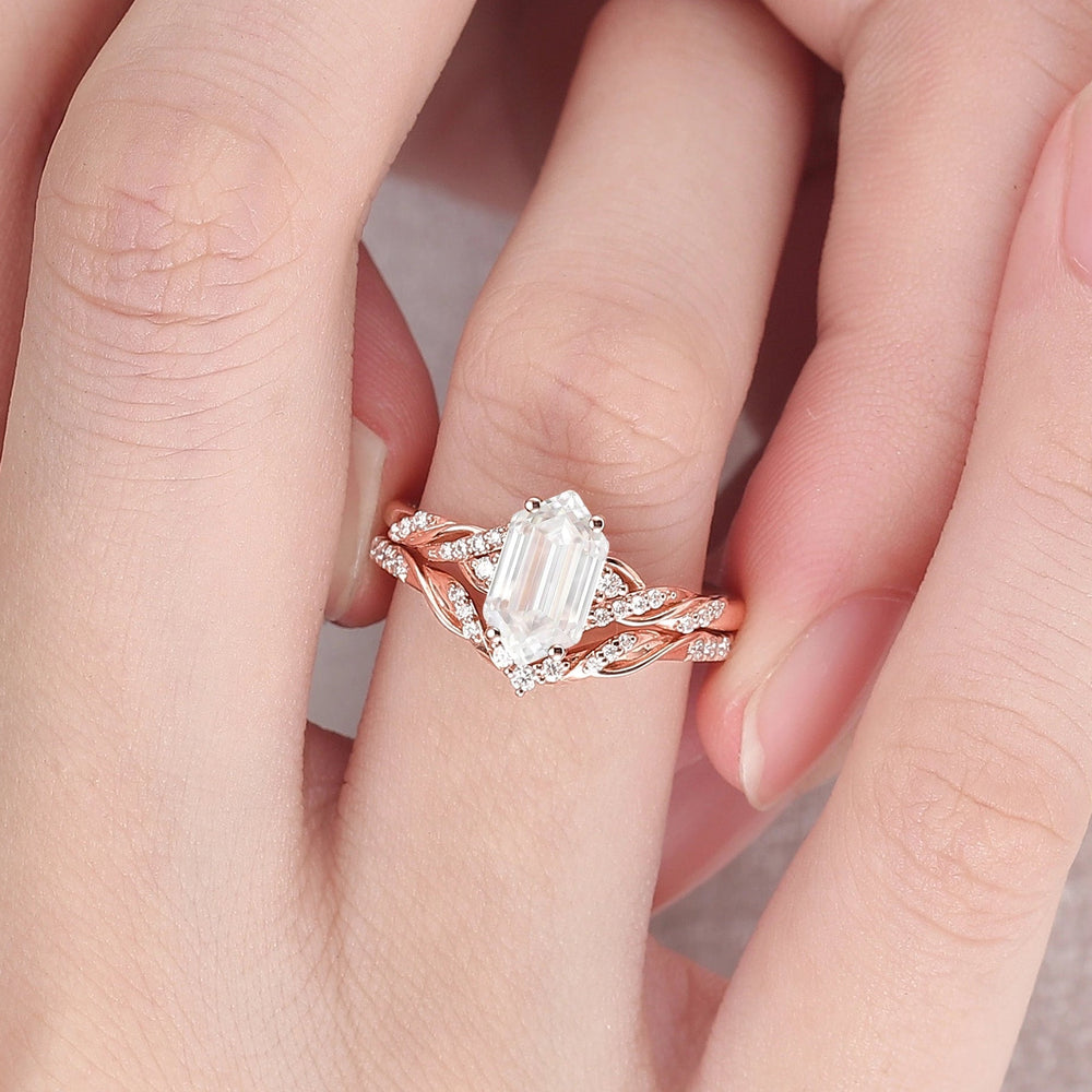 Unique Hexagon Cut Moissanite Vine Ring Set 2pcs