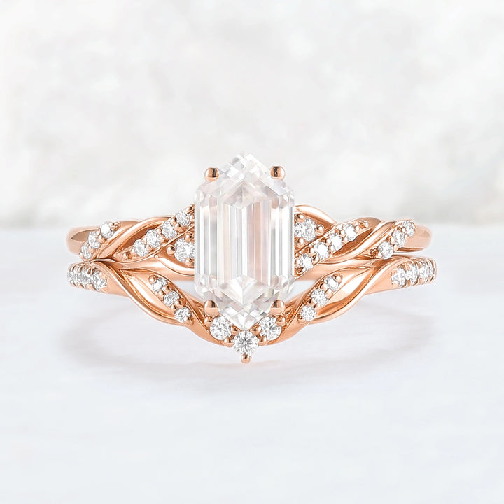 Unique Hexagon Cut Moissanite Vine Ring Set 2pcs