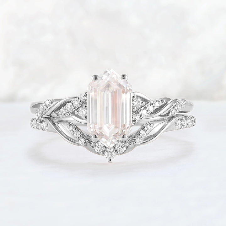 Unique Hexagon Cut Moissanite Vine Ring Set 2pcs