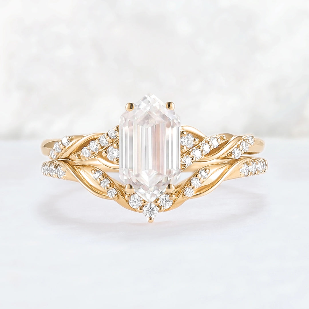 Unique Hexagon Cut Moissanite Vine Ring Set 2pcs