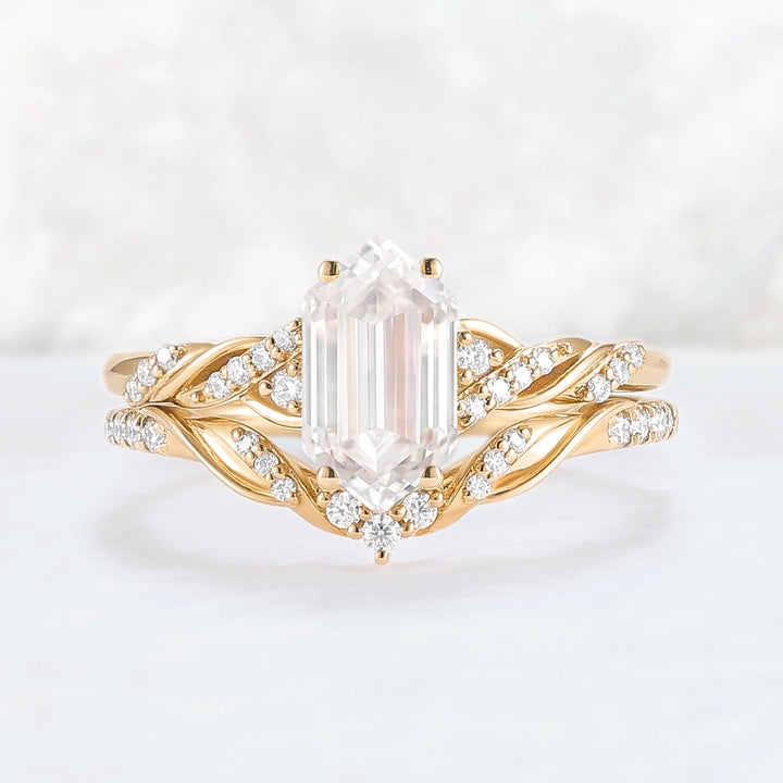 Unique Hexagon Cut Moissanite Vine Ring Set 2pcs