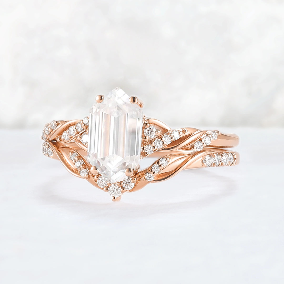 Unique Hexagon Cut Moissanite Vine Ring Set 2pcs
