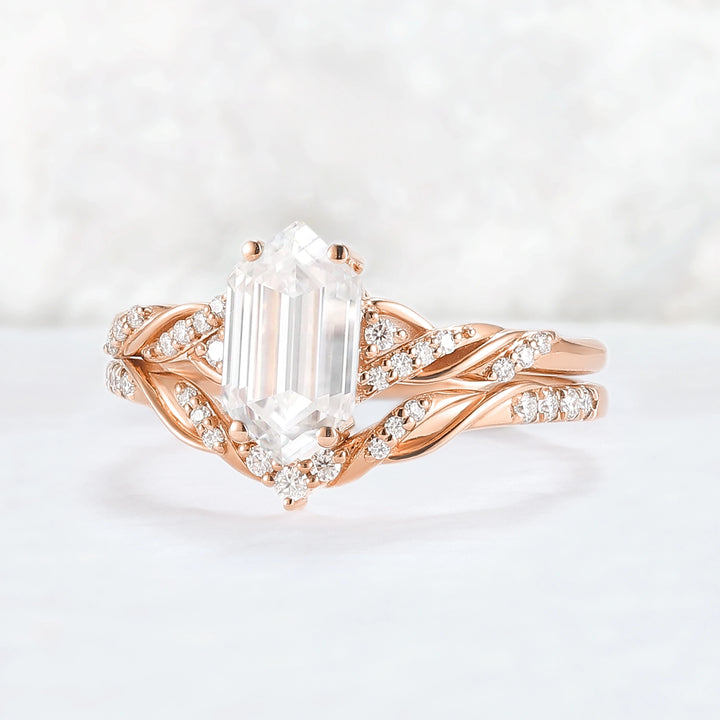 Unique Hexagon Cut Moissanite Vine Ring Set 2pcs