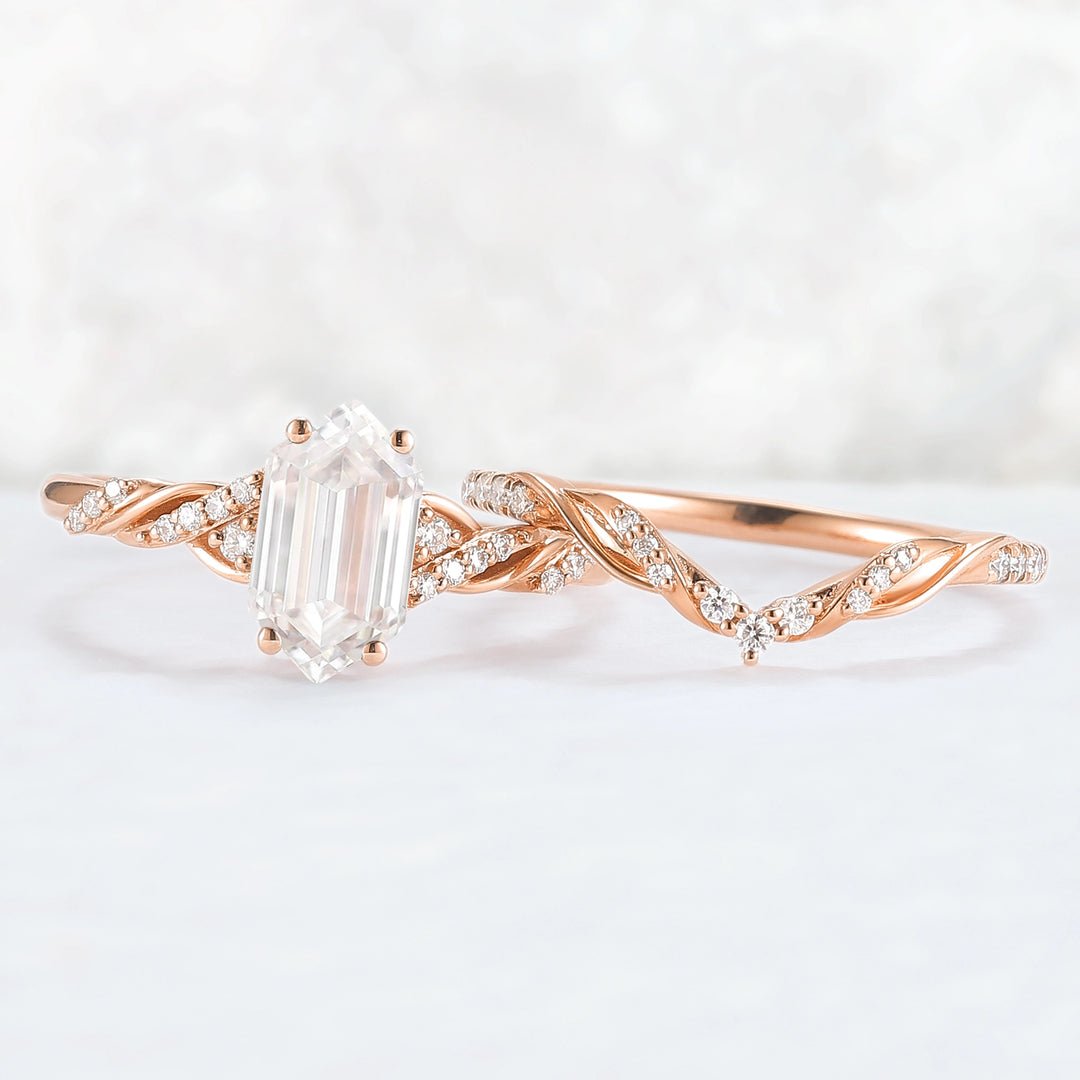 Unique Hexagon Cut Moissanite Vine Ring Set 2pcs