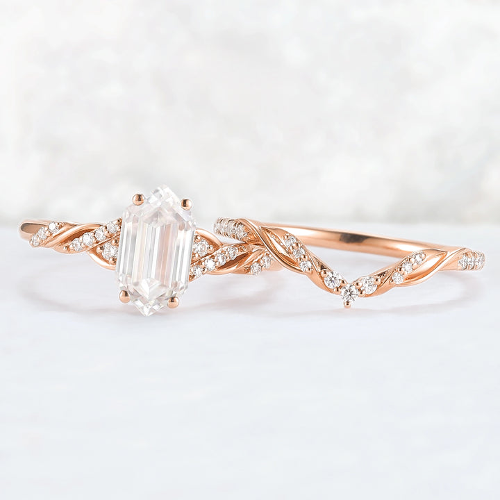 Unique Hexagon Cut Moissanite Vine Ring Set 2pcs