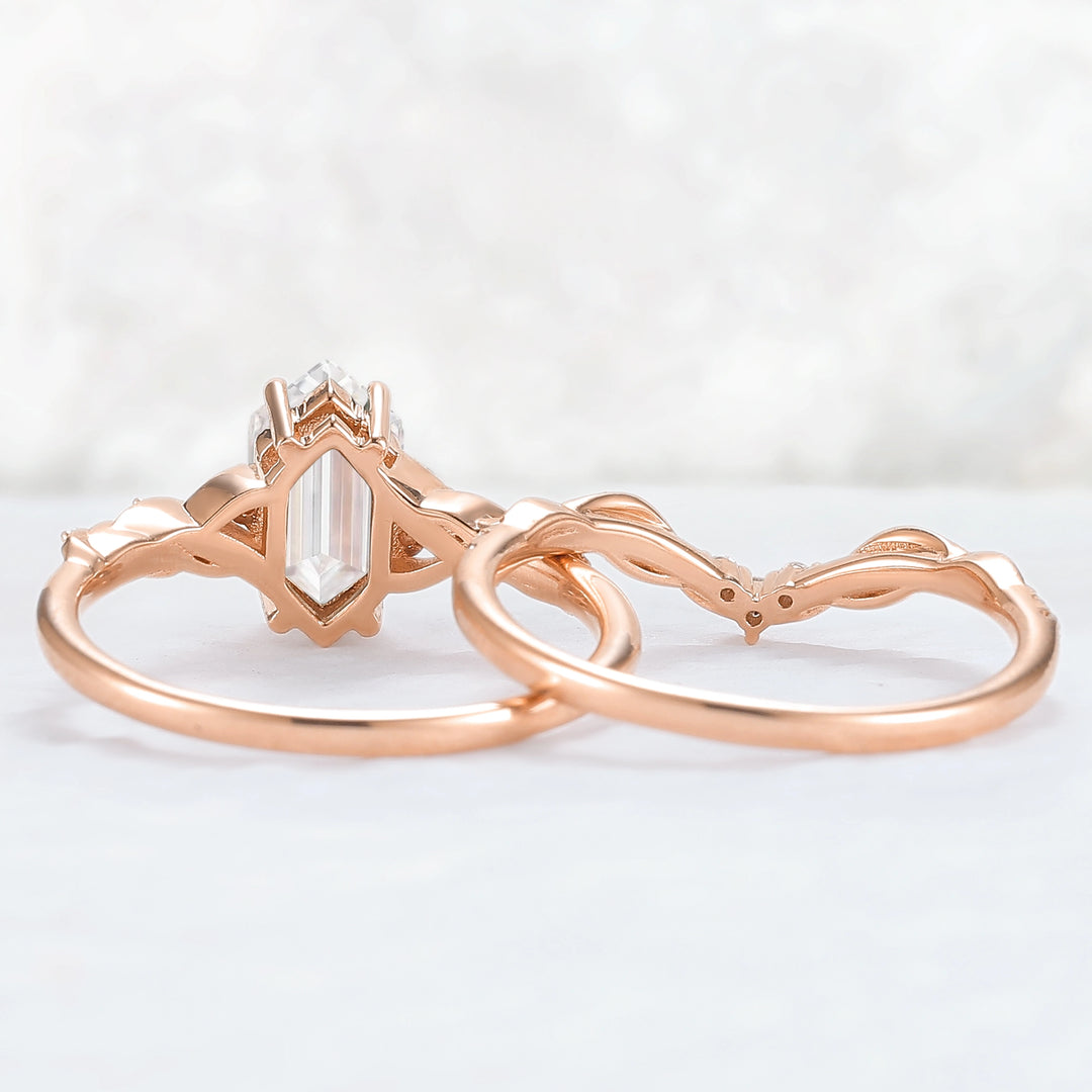 Unique Hexagon Cut Moissanite Vine Ring Set 2pcs