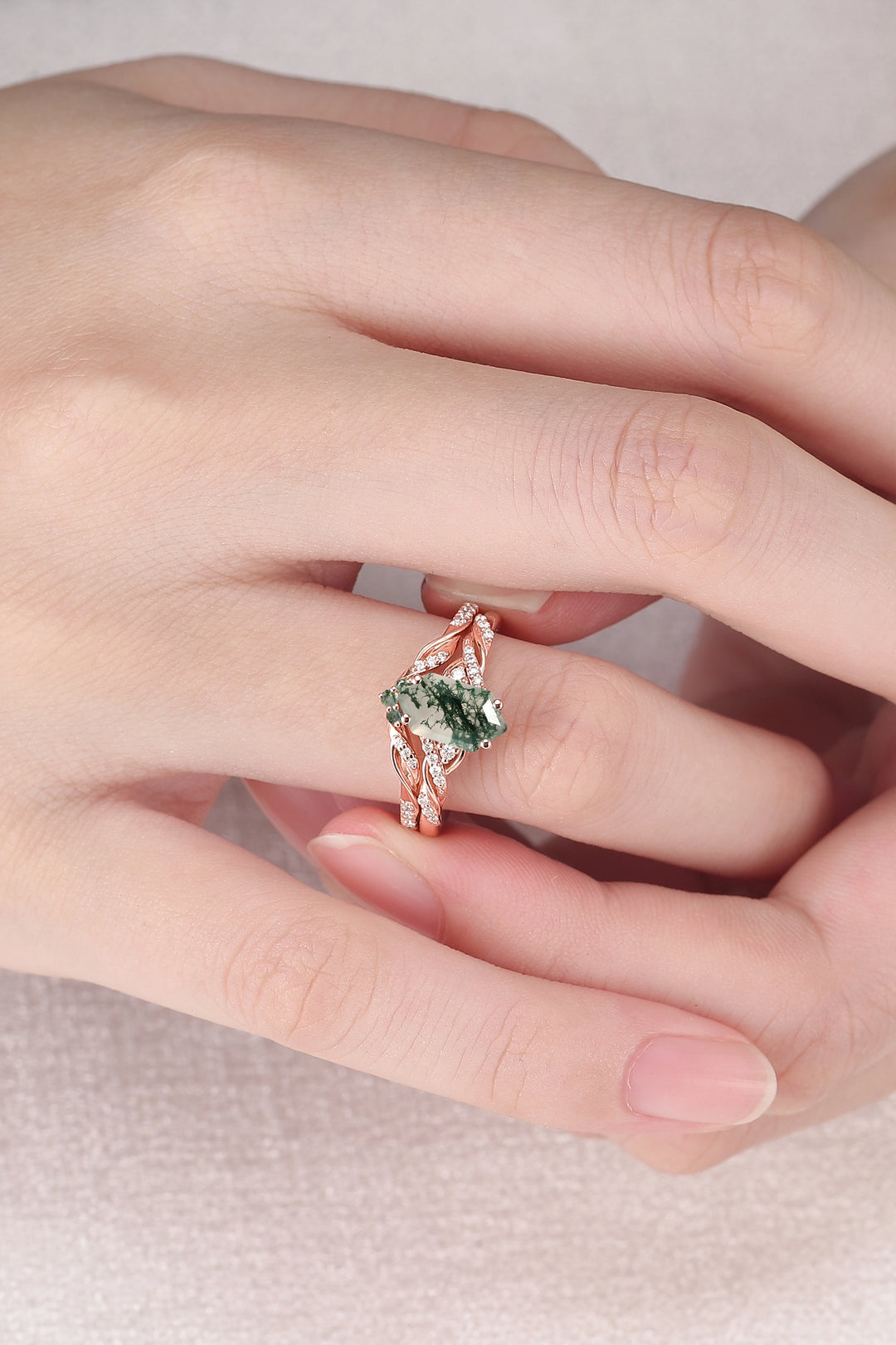 Unique Hexagon Cut Moss Agate Twist Ring Set 2pcs