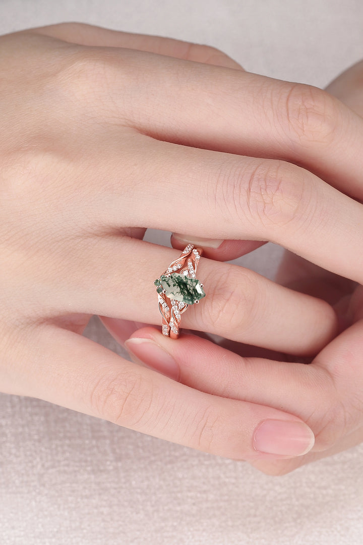 Unique Hexagon Cut Moss Agate Twist Ring Set 2pcs