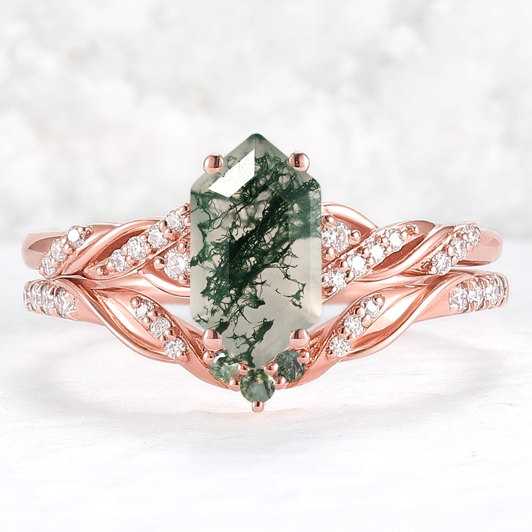 Unique Hexagon Cut Moss Agate Twist Ring Set 2pcs