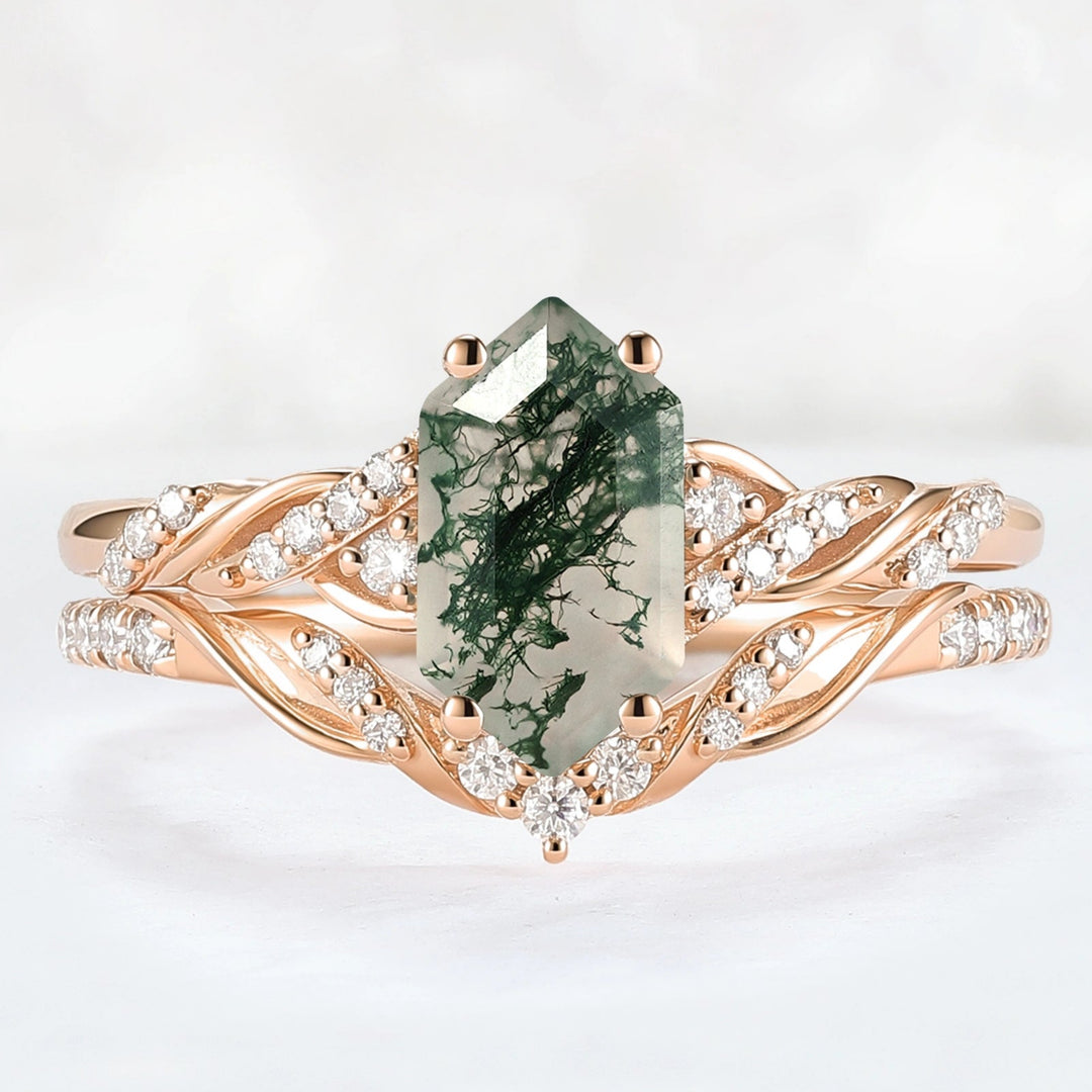 Unique Hexagon Cut Moss Agate Twist Ring Set 2pcs