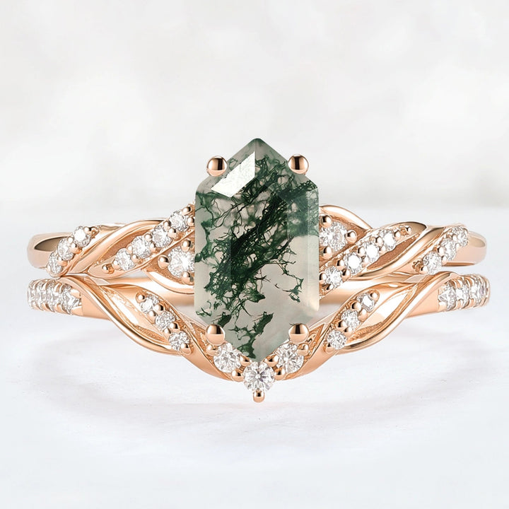 Unique Hexagon Cut Moss Agate Twist Ring Set 2pcs