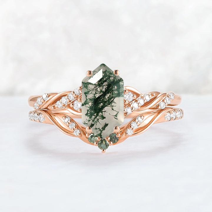 Unique Hexagon Cut Moss Agate Twist Ring Set 2pcs