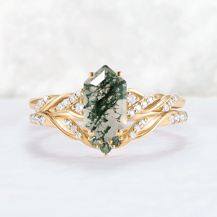 Unique Hexagon Cut Moss Agate Twist Ring Set 2pcs