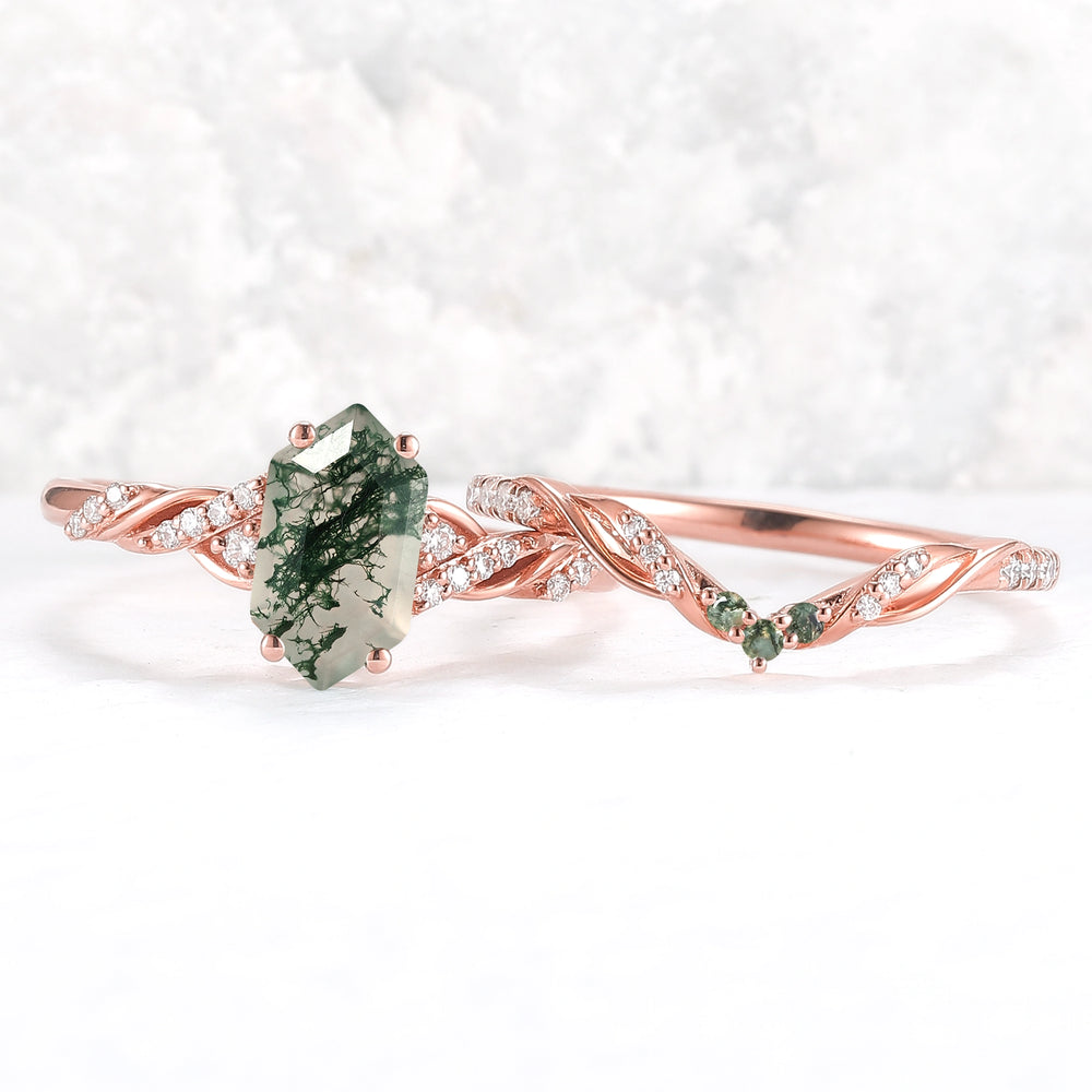 Unique Hexagon Cut Moss Agate Twist Ring Set 2pcs - Iver Jewelry