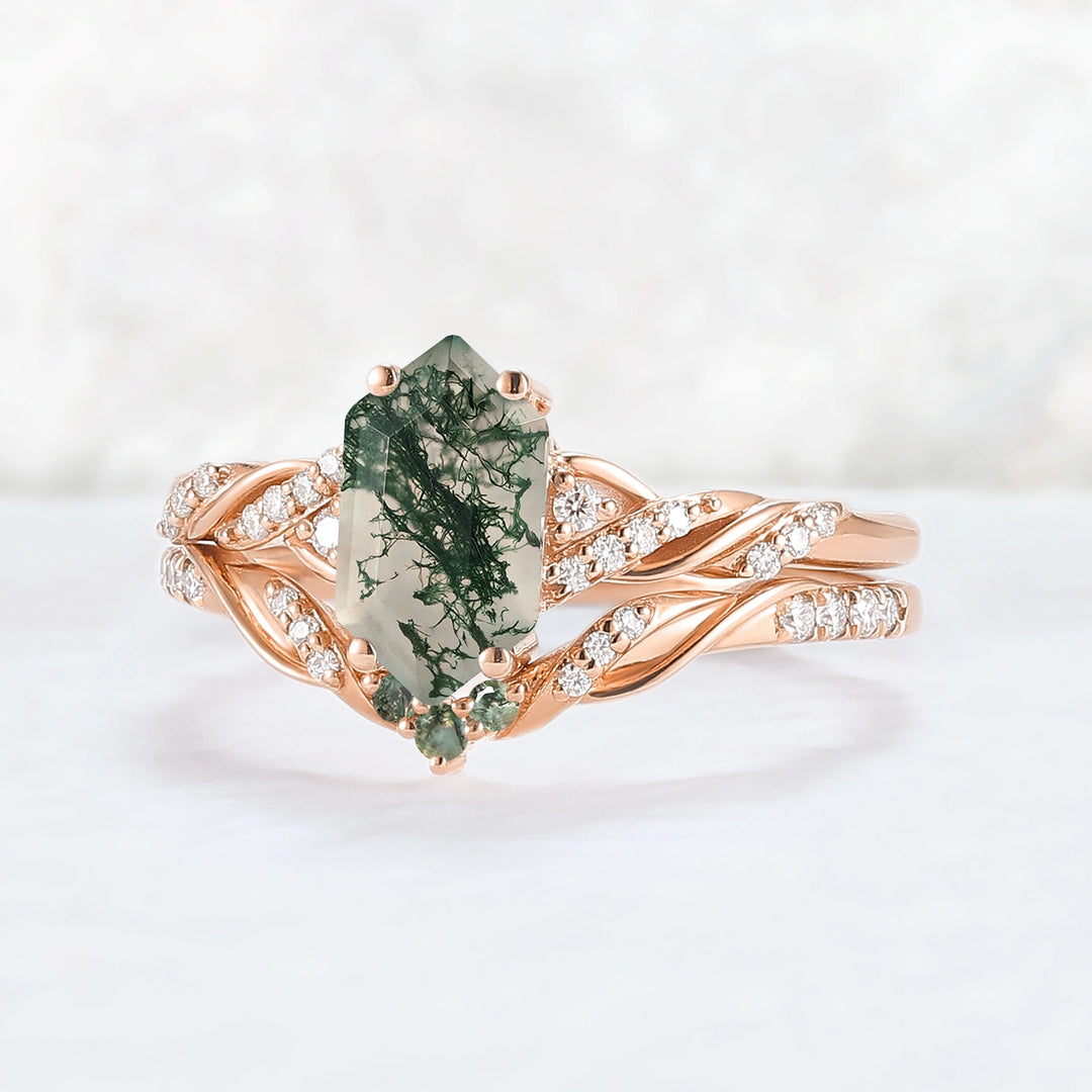 Unique Hexagon Cut Moss Agate Twist Ring Set 2pcs