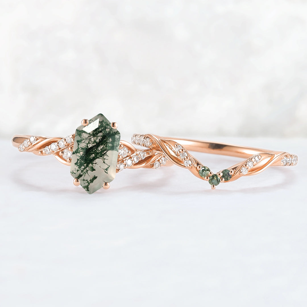 Unique Hexagon Cut Moss Agate Twist Ring Set 2pcs