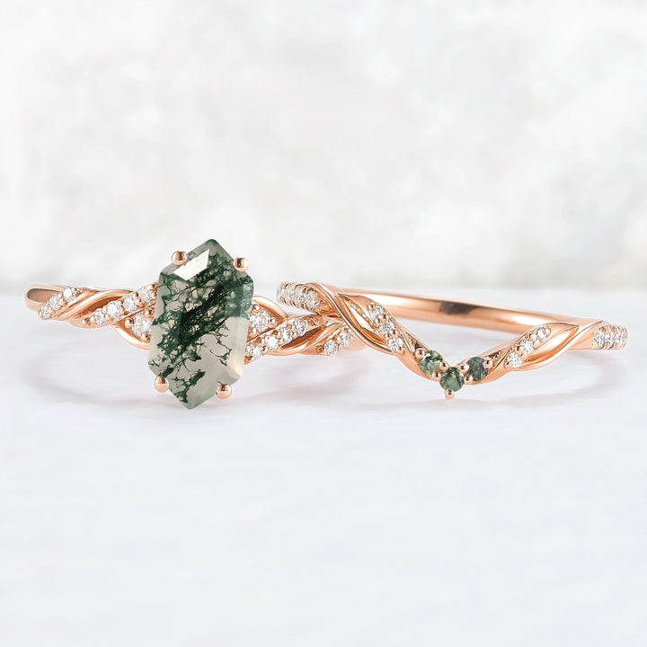 Unique Hexagon Cut Moss Agate Twist Ring Set 2pcs