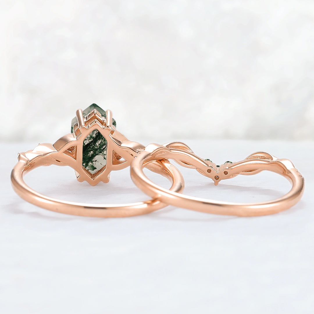 Unique Hexagon Cut Moss Agate Twist Ring Set 2pcs