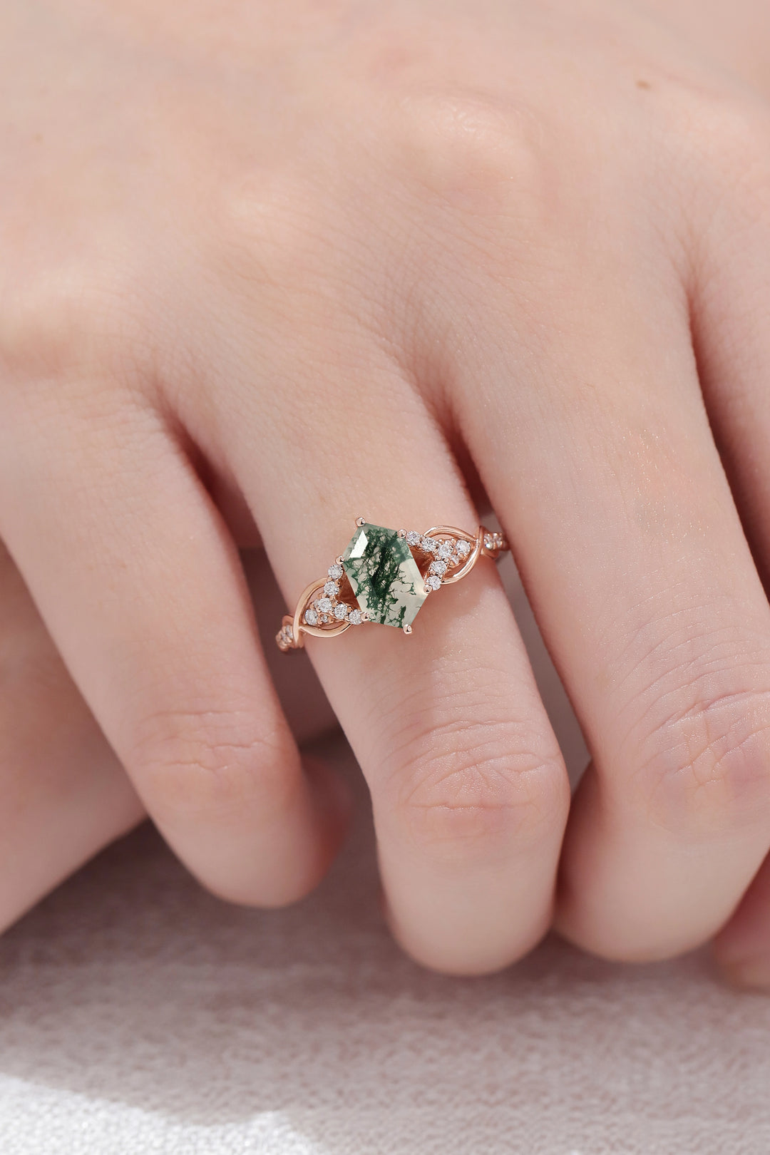 Unique Hexagon Cut Moss Agate Twist Vine Engagaement Ring