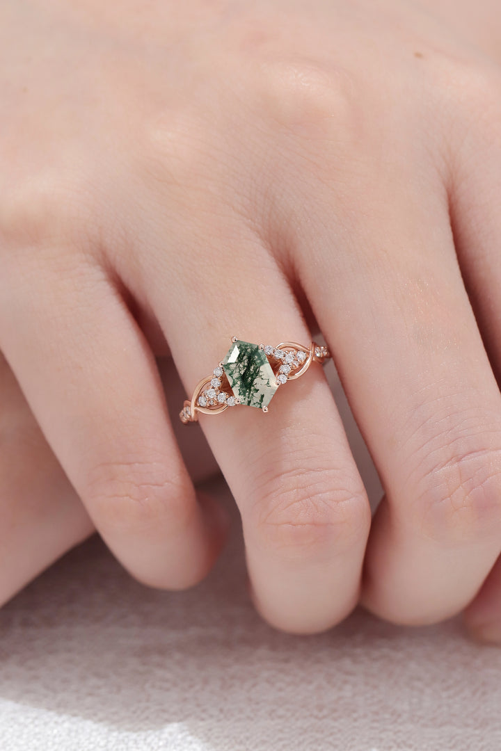 Unique Hexagon Cut Moss Agate Twist Vine Engagaement Ring