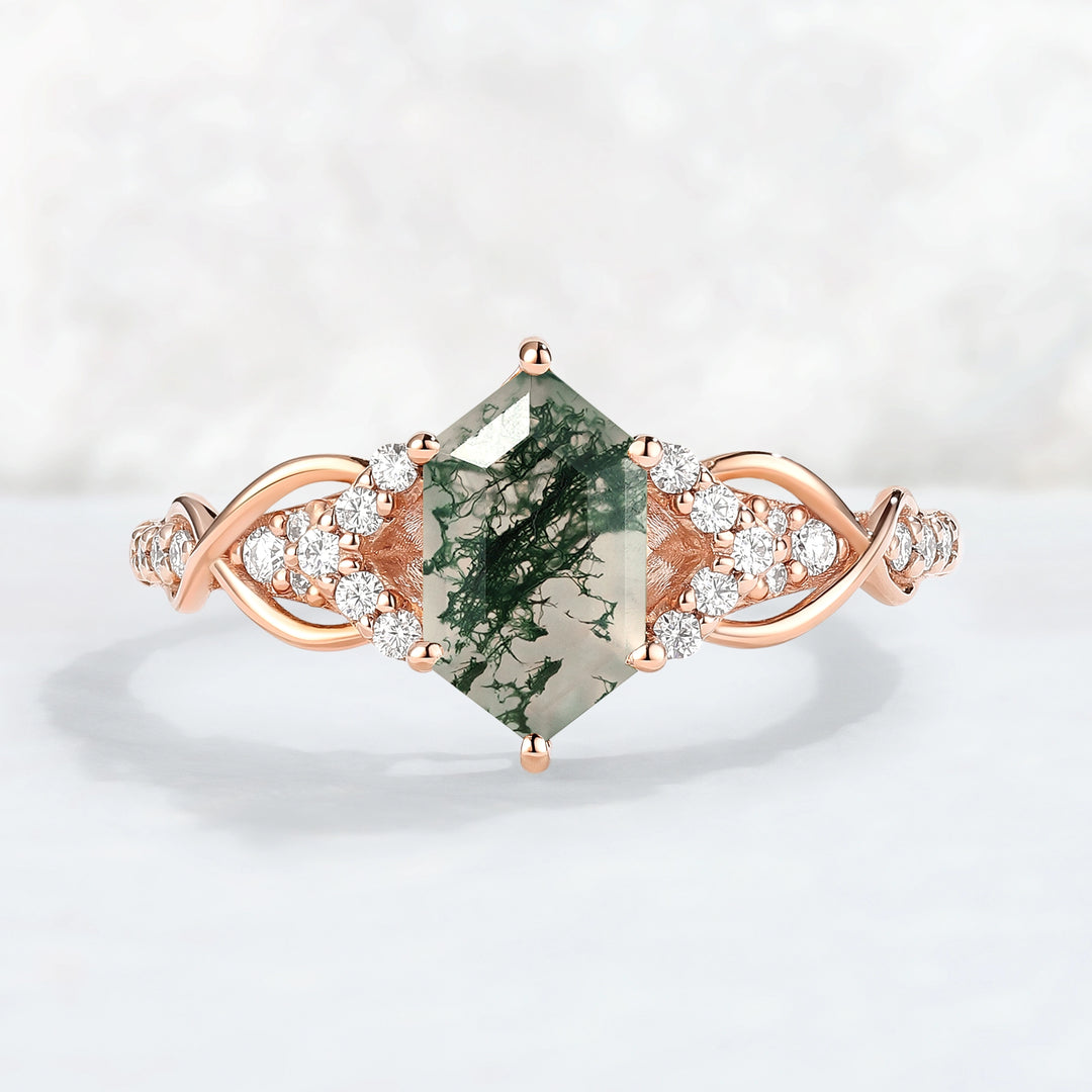 Unique Hexagon Cut Moss Agate Twist Vine Engagaement Ring