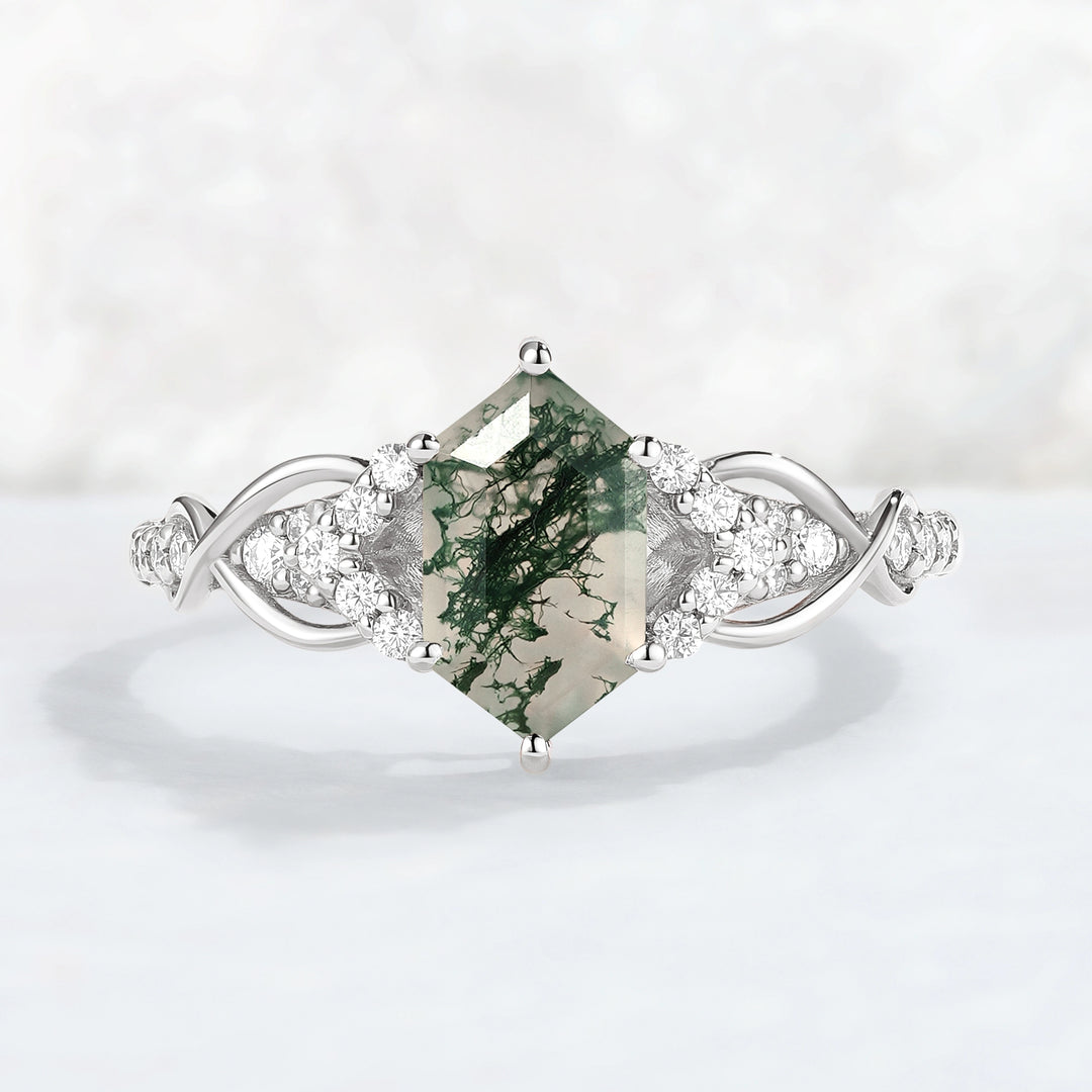 Unique Hexagon Cut Moss Agate Twist Vine Engagaement Ring