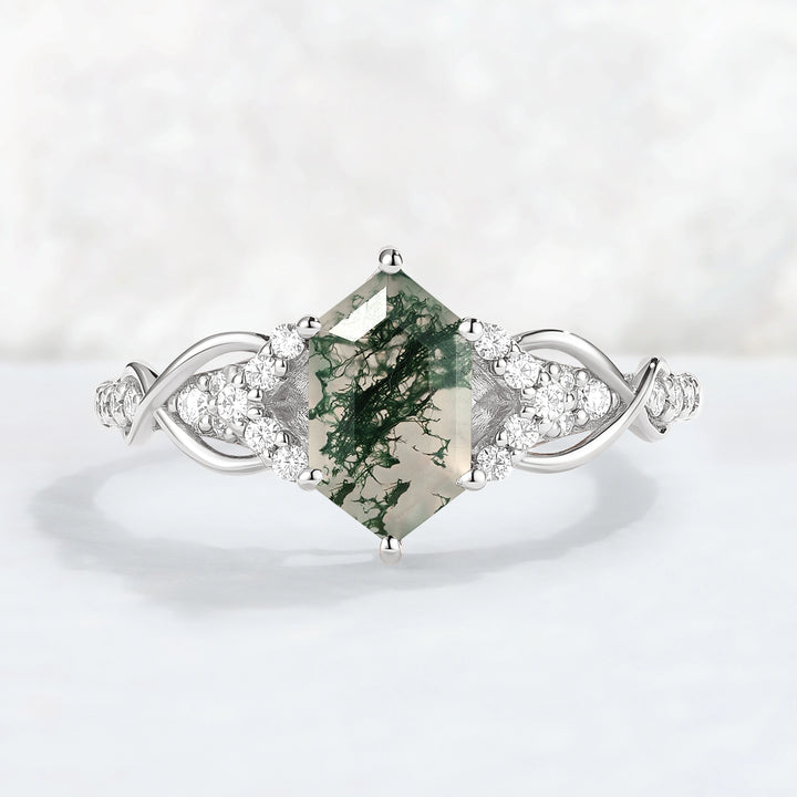 Unique Hexagon Cut Moss Agate Twist Vine Engagaement Ring