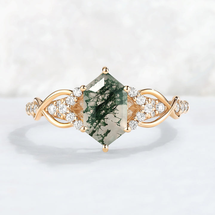 Unique Hexagon Cut Moss Agate Twist Vine Engagaement Ring