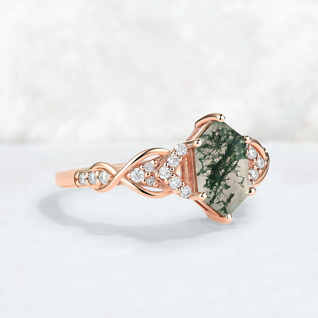Unique Hexagon Cut Moss Agate Twist Vine Engagaement Ring