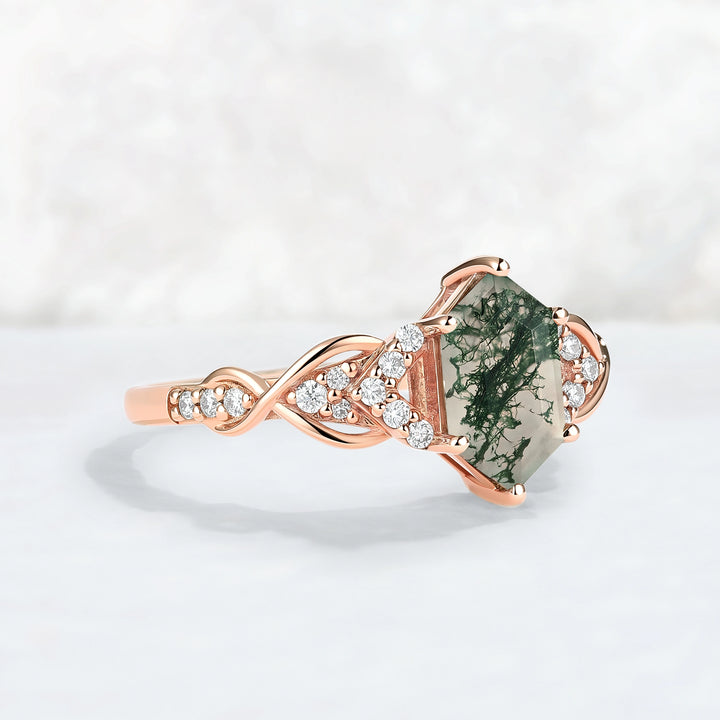 Unique Hexagon Cut Moss Agate Twist Vine Engagaement Ring