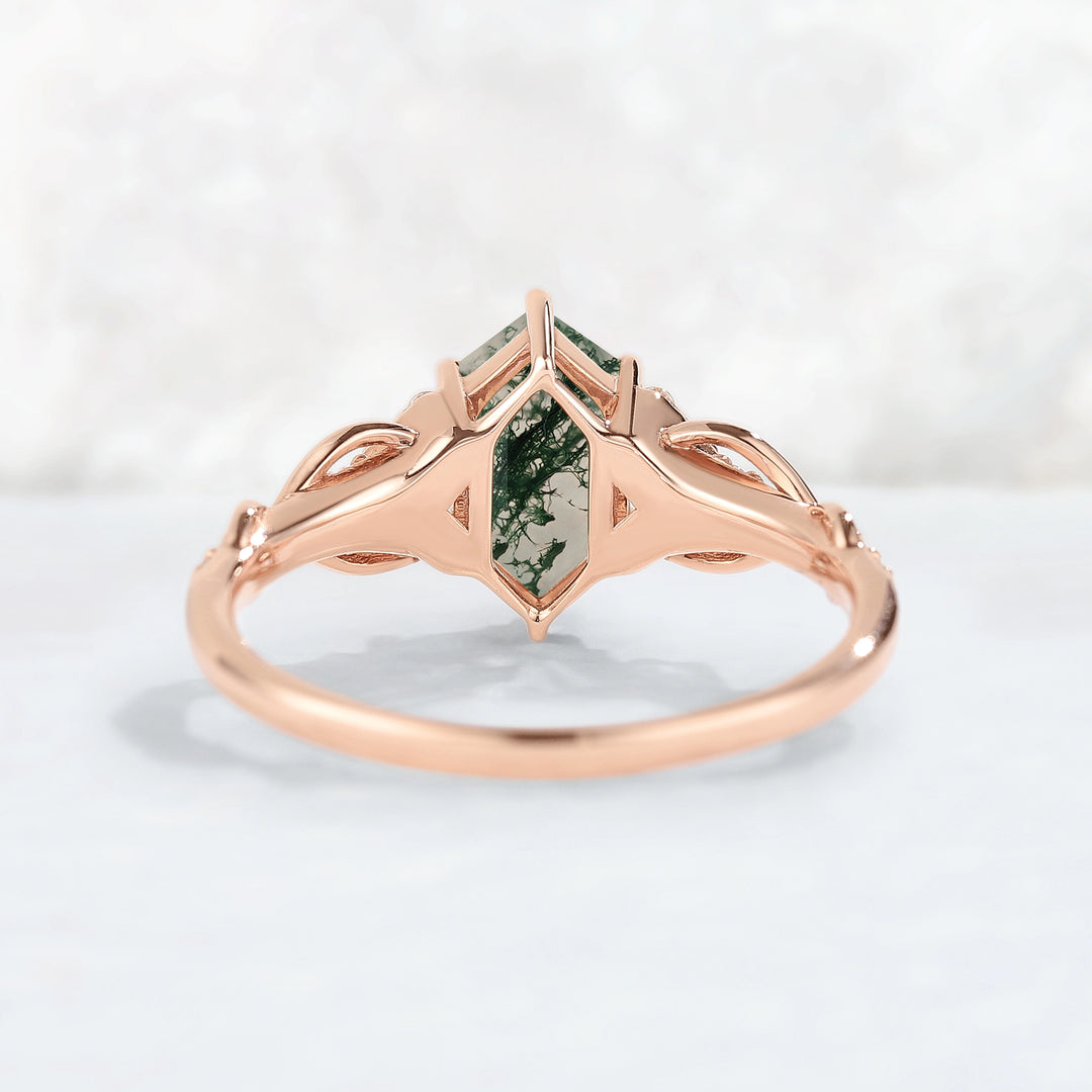 Unique Hexagon Cut Moss Agate Twist Vine Engagaement Ring