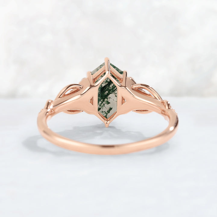 Unique Hexagon Cut Moss Agate Twist Vine Engagaement Ring