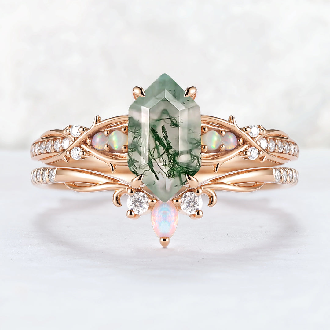 Unique Hexagon Cut Moss Agate Vine Gemstone Ring Set 2pcs